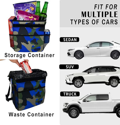 SIBOFUEGO Cute Car Trash Can with Lid – Multipurpose Collapsible Trash Bin for Car, Leak-Proof Organizer, Waterproof Garbage Can with Storage Pockets & Adjustable Straps, 2 Gallons (Camo Blue)