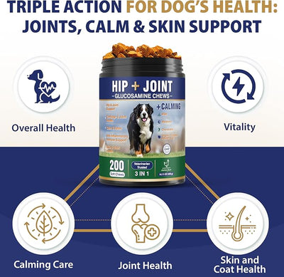 Hip and Joint Supplement for Dogs 200 Dog Calming Chews with Glucosamine, Chondroitin, Msm, Omega3, Melatonin for Senior Dogs Anxiety Pain Relief Anti Inflammatory Small/Medium/Large Dog -Chicken