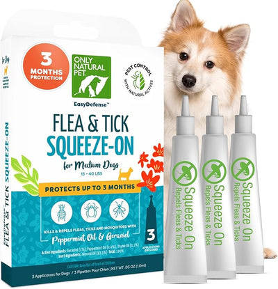 Only Natural Pet EasyDefense Flea & Tick Prevention for Medium Breed Dogs (15 to 40 lbs) - Natural Herbal Control, Squeeze-On Drops - Protects up to 3 Months (M Sqz)
