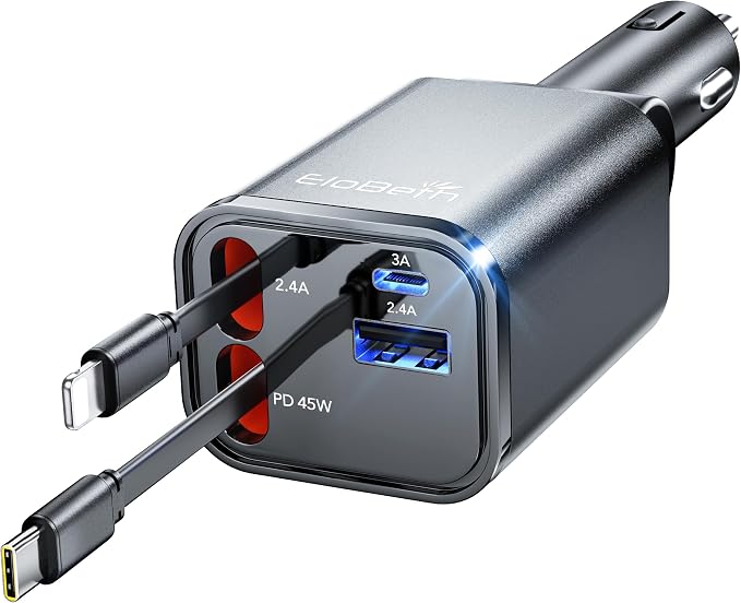 84W Retractable Car Charger,Car Phone Charger USB C Fast Charge for iPhone | EloBeth Car Charger,Cigarette Lighter USB Charger Car Accessories,Road Trip Essentials Gift for Men,for iPhone 17/16,Galaxy
