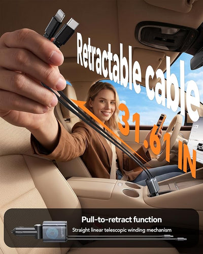 84W Retractable Car Charger,Car Phone Charger USB C Fast Charge for iPhone | EloBeth Car Charger,Cigarette Lighter USB Charger Car Accessories,Road Trip Essentials Gift for Men,for iPhone 17/16,Galaxy