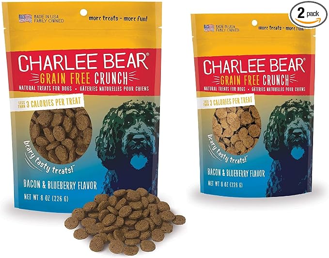 Charlee Bear Crunchy Dog Training Treats, Low Calorie (3 Kcal), Grain Free Natural Mini Dog Treats for Puppies, Small, Medium & Large Dogs, USA Made, Healthy Bacon-Blueberry Flavor 8oz (2-Pack)