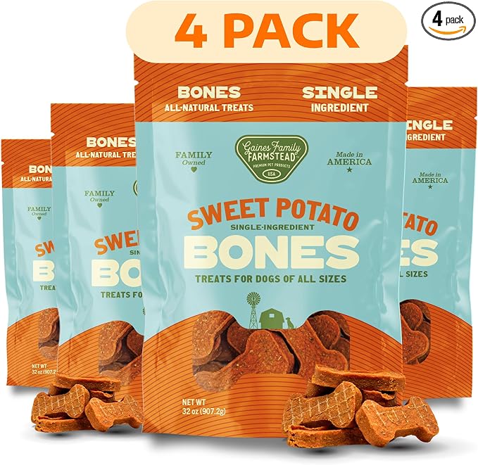 Gaines Family Farmstead Sweet Potato Dog Bones 4 Pack – 32 oz Bags, All-Natural, Single Ingredient, Grain-Free Dog Treats for Digestive Health, Training & Rewards – High-Fiber, Made in USA