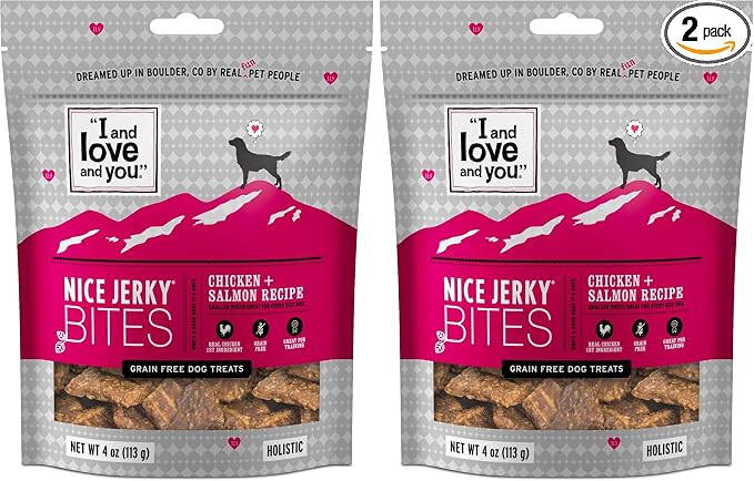 I AND LOVE AND YOU Nice Jerky Bites - Chicken + Salmon - Grain Free, Real Beef, Training Treat, Chewy Dog Treats, Filler Free, 4oz (Pack of 2)