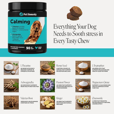 Natural Hemp Dog Calming Chews for Occasional Anxiousness & Stress - Calming Treats for Thunderstorms, Fireworks, Separation & Travel - with Ashwagandha, L-Theanine, Valerian Root (Chicken, 90 Ct)