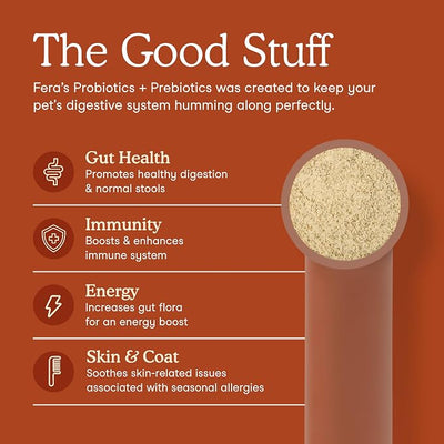 Fera Pets Probiotics for Dogs & Cats with Prebiotics - USDA Organic - Gut Health Powder Supplement with 12 Strains and 5 Billion CFUs - Supports Immunity, Energy and Skin & Coat - 60 Scoops
