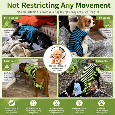 2 Packs Breathable Cotton Dog Recovery Suit for After Neuter Spay Abdominal Wounds Protector, Professional Anti-Licking Onesies for Male Female Pets Surgery Bandages, M Blue & Green Stripes