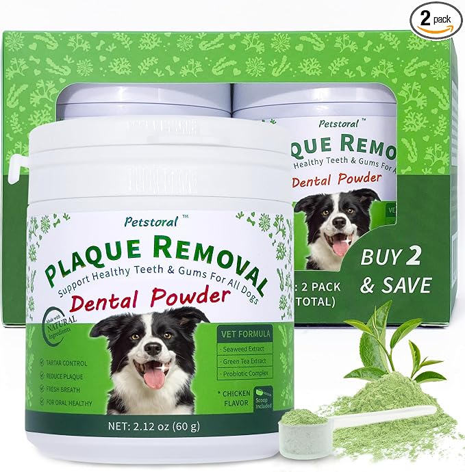 Petstoral 2-Pack Plaque Removal Natural Dental Powder, Dog Dental Care and Bad Breath Treatment, Dog Teeth Cleaning Powder for Healthy Teeth & Gums for All Dogs