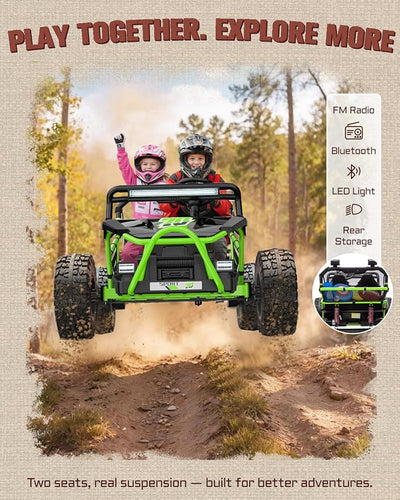 First Ride On 36V Kids Ride On UTV, 2-Seater 400W Electric Car for Kids 6+, 5-8 MPH Speed, 14" EVA Wheels, Metal Frame, Bluetooth Music, Rear Metal Suspension Off-Road Vehicle (Green)
