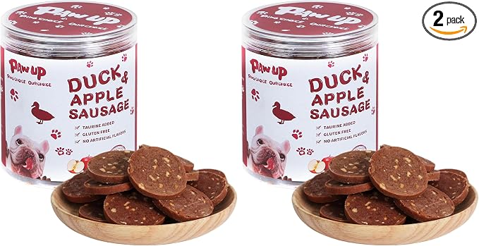 PAWUP Duck Jerky Dog Treats – Duck & Apple Sausage Slices, Training Treats with Taurine for Small, Medium & Large Dogs, 12.5 oz (Pack of 2)