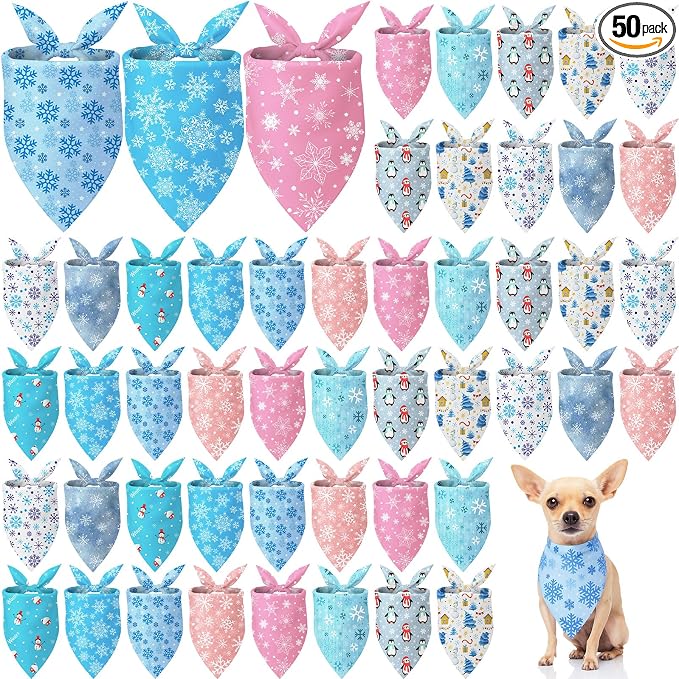 Weewooday 50 Pcs Winter Bandanas Bulk for Dogs Snowflake Cats Bandanas Charm Soft Triangle Bibs Adjustable Scarf for Small Medium Large Pets Winter Costume(25.6 x 17.7 x 17.7 Inch)
