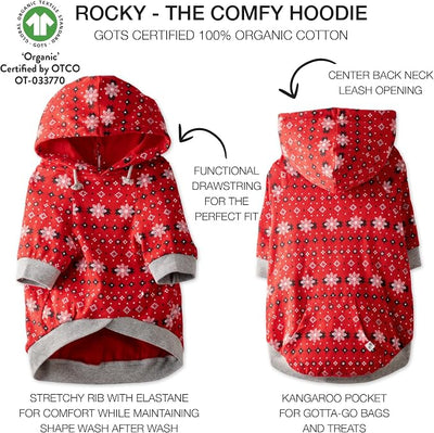 Pet Passion Rocky – The Original Lightweight Hooded Tee 100% Organic Cotton Dog Hoodie Pet Coat Sweater for All Sized Dogs, Red Fair Isle, X-Large (55-80 lbs)