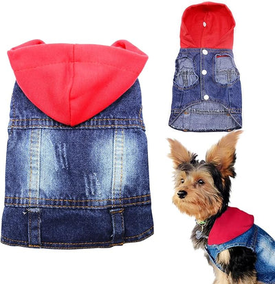 SILD Pet Clothes Dog Jeans Jacket Cool Blue Denim Coat Small Medium Dogs Lapel Vests Classic Hoodies Puppy Blue Vintage Washed Clothes (Red,L)