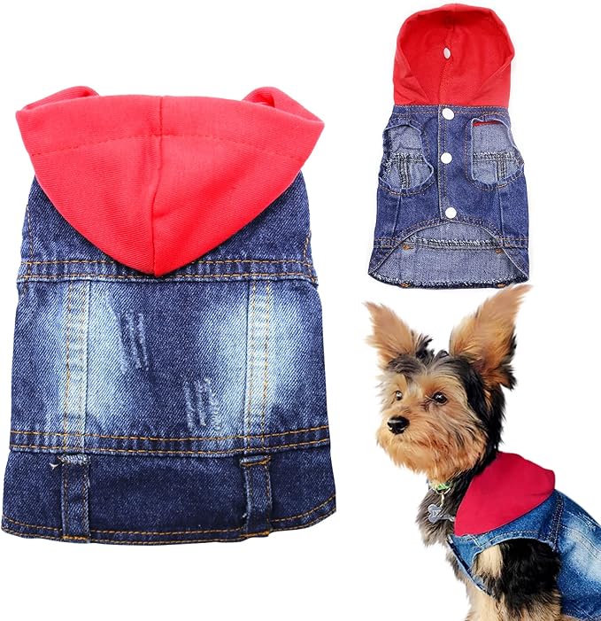 SILD Pet Clothes Dog Jeans Jacket Cool Blue Denim Coat Small Medium Dogs Lapel Vests Classic Hoodies Puppy Blue Vintage Washed Clothes (Red,M)