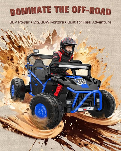 First Ride On 36V Kids Ride On UTV, 2-Seater 400W Electric Car for Kids 6+, 5-8 MPH Speed, 14" EVA Wheels, Metal Frame, Bluetooth Music, Rear Metal Suspension Off-Road Vehicle (Cobalt Blue)