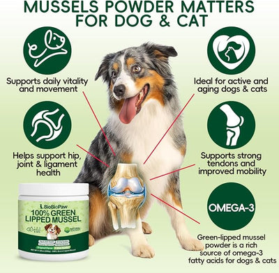 Pure Green Lipped Mussel Powder for Dogs & Cats 100% New Zealand Sourced Supports Hip & Joint Flexibility, Mobility, Tendons & Muscle Strength 200 Grams Made in USA