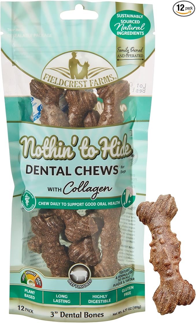 Fieldcrest Farms Nothin’ to Hide Dental Chews with Collagen – 3" Beef‑Flavor Bones, 12‑Pack