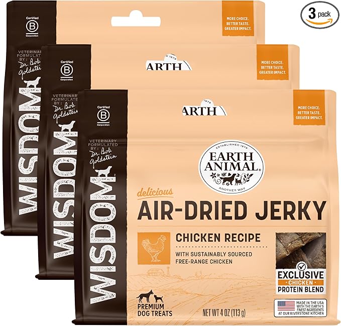 Earth Animal Wisdom Air Dried Jerky - Chicken Recipe Premium Natural Jerky Strips Dog Treats - 3 Pack 4 oz Bag