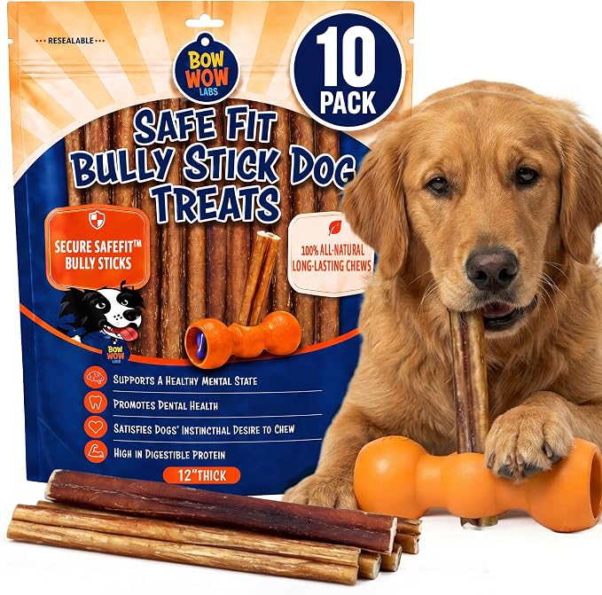 Bow Wow Labs SafeFit™ Bully Sticks for Dogs - 100% All Natural Beef Sticks, Grass-Fed, Low Odor, Long Lasting Dog Chews, Dog Chew Treats, Bully Stick for Small, Medium, Large Dogs - 12" Thick 10 Pack