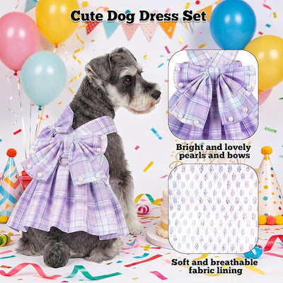 Dog Plaid Dress Harness and Leash Set with Pearls Bow Adjustable Puppy Dress Mesh Vest Bow Knot Pet Clothes for Cute Small Girl Dog Cat (Purple&White, Large)
