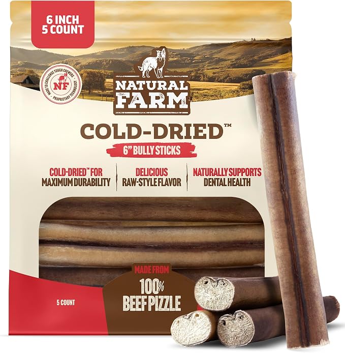 Natural Farm Cold-Dried™ Bully Sticks 6 Inch (5 Count) – Odor Free, High Protein Dog Chews – 100% Beef Pizzle, Single Ingredient.