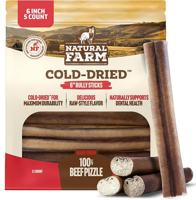Natural Farm Cold-Dried™ Bully Sticks 6 Inch (5 Count) – Odor Free, High Protein Dog Chews – 100% Beef Pizzle, Single Ingredient.