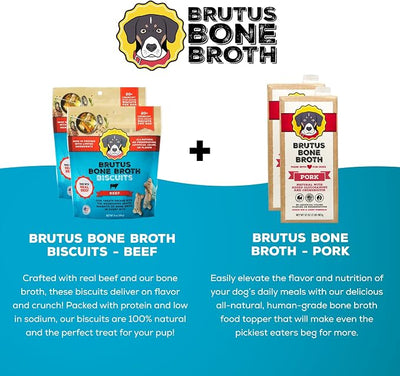 Brutus Bone Broth for Dogs Bundle Pack - Beef Biscuits Dog Treats, Pack of 2 (8oz) and Pork Bone Broth Food Toppers, Pack of 2 (32oz) - All Natural, Tasty & Nutritious