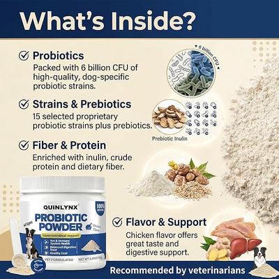 Natural Probiotic Powder for Dogs - Vet Formulated Digestive & Gut Health Supplement with 15 Probiotic Strains & 6 Billion CFU, Supports Immunity, Energy Levels, Skin and Coat Health, 30 Scoops
