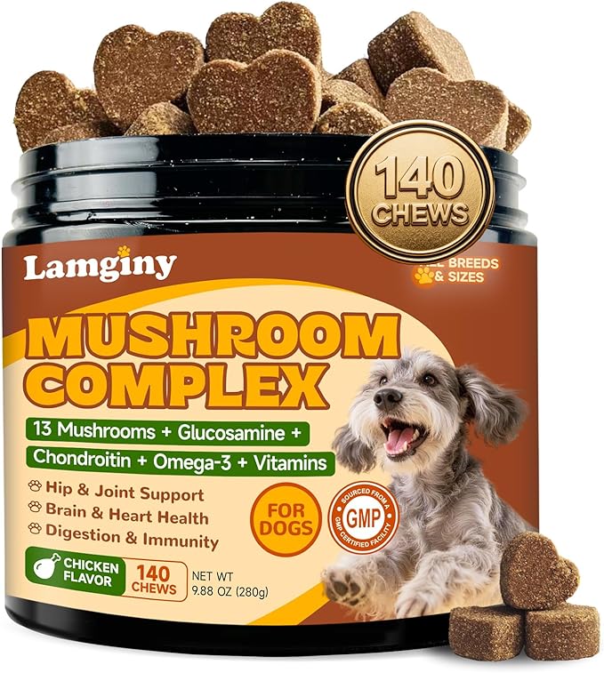 Mushroom Chews for Dogs, Turkey Tail Mushroom for Dogs, Immune Health, Digestive, Skin, Energy, Joint Support, 13 Organic Mushroom Complex with Shiitake, Maitake, Reishi, Lion's Mane, 140 Chews