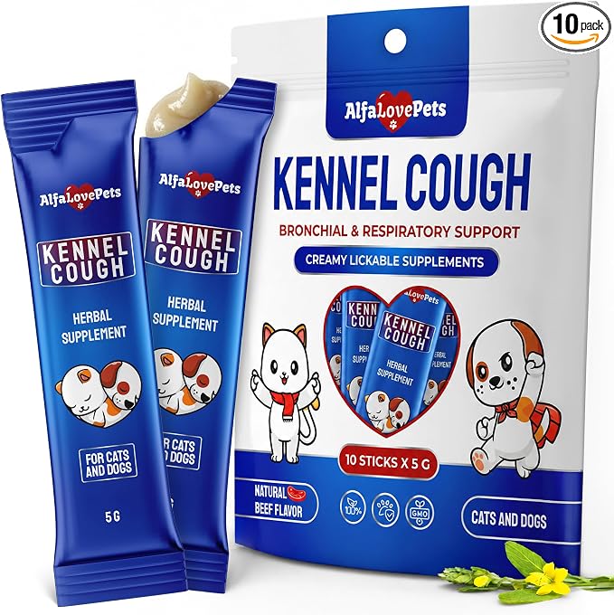 Dry & Wet Kennel Cough Medicine for Dogs and Cats: Effective Supplement for Sneezing, Allergies, and Runny Nose – Lickable Dog Cough Medicine for Breathing Care – 10 Sticks x 5 g