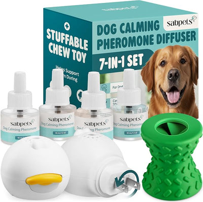 Dog Calming Diffuser Kit by SabPets – Pheromone Plug-in for Dogs, Helps Reduce Pee Accidents, Barking & Separation Anxiety – 2 Diffusers + 4 Refills + Toy | Mess-free support for home routines
