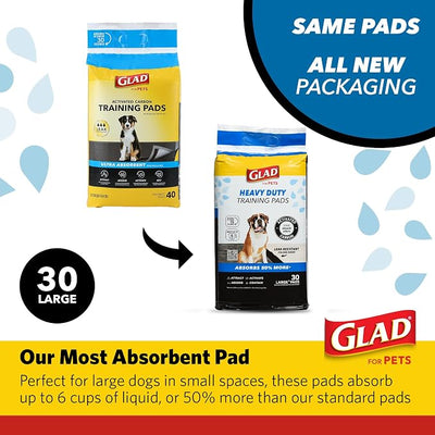 Glad for Pets XL Charcoal Training Pads, Activated Carbon Odor Control with Heavy Duty Leak-Resistant Layers, Quick-Dry Quilted Top Surface, Indoor Potty and Crate Liner, 24 x 24 in, 30 Count