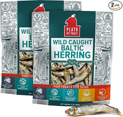Plato Pet Treats Fish Dog Treats - Air-Dried, Single Ingredient Pet Treat - Omega 3 & 6 Fatty Acids to Support Skin and Coat - 100% Whole Fish - Wild Caught Baltic Herring - 3oz - 2 Pack