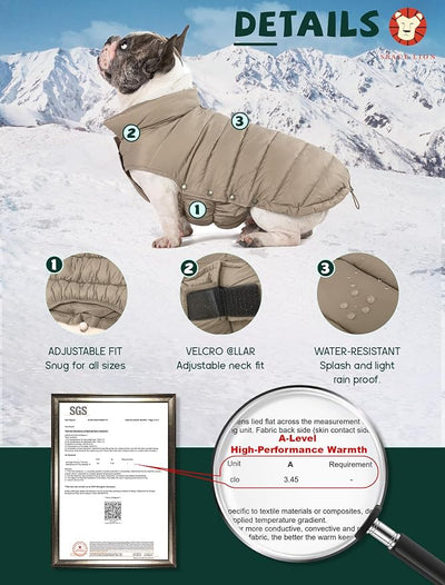 SPACE LION Dog Puffer Jacket, Down Winter Coat, Durable Outdoor Coat for Cold and Windy Conditions, Lightweight & Adjustable Fit Coats for Small Dogs, (Camel, Size 8 Gift Box)