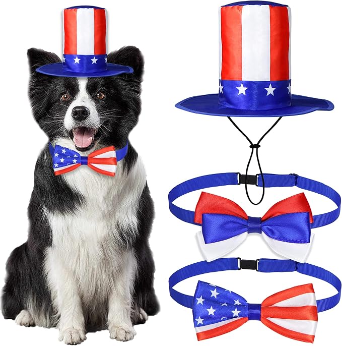 GOYOSWA 3 PCS Dog 4th of July Outfit, 4th of July Dog Clothes Uncle Sam Dog Top Hat, American Flag Dog Bow Tie Collar Red White and Blue Dog Bowtie for Small Medium Large Dogs (Dog Hat & 2xBow Tie)