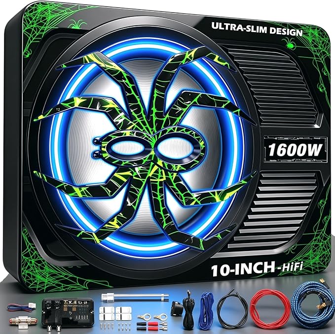 Upgraded 1600W Car Subwoofer, 10" Ultra-Thin Under-Seat Sub with Built-in Amplifier, (LPF/Gain/Bass Boost) LED Ambient Lights, Independent Bass Knob, Distortion-Free Deep Bass（Green）