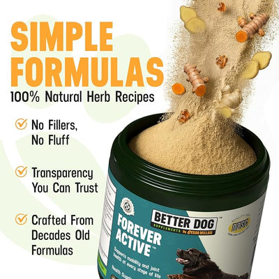 Better Dog Supplements by Cesar Millan® Forever Active – Natural Dog Hip & Joint Care for Mobility, Flexibility & Comfort – Herbal Blend Dog Joint Supplement Powder – 4oz (60-Day Supply)