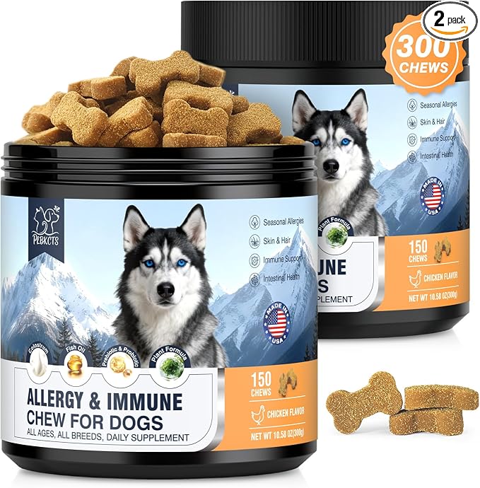 Dog Allergy & Immune Chews 300 Treats, Itching Skin Relief Chews Omega 3 Fish Oil Probiotics for Seasonal All Issues Allergies Skin & Hair, Gut, Immune-All Ages & Sizes Dogs Made in USA Chicken Flavor