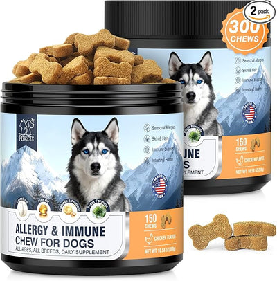 Dog Allergy & Immune Chews 300 Treats, Itching Skin Relief Chews Omega 3 Fish Oil Probiotics for Seasonal All Issues Allergies Skin & Hair, Gut, Immune-All Ages & Sizes Dogs Made in USA Chicken Flavor