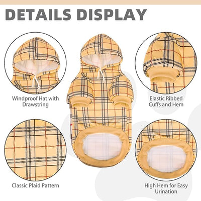 KOOLTAIL Plaid Dog Hoodie for Small Medium Large Dogs,Pet Clothes Sweater with Hat and Pocket for Cold Weather Winter, Soft&Warm Doggy Hooded Sweatshirt Coat Outfit for Puppy Cats Girls Boys Khaki SM