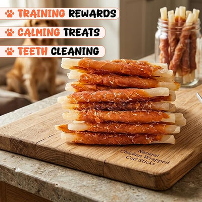 Annika Dog Treats Chicken Wrapped Cod Sticks – Natural, Single Ingredient Cod Dog Treats & Chicken Jerky for Dogs – Long Lasting Fish Chews for Small, Medium & Large Dogs, 11.6 oz