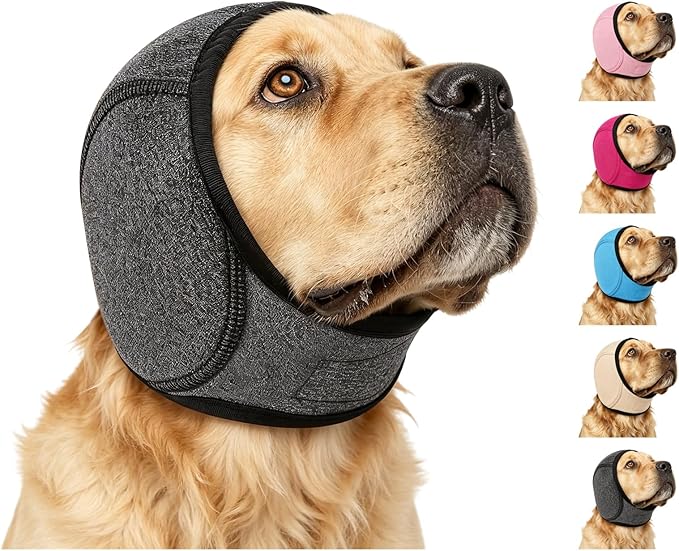 Zenpup Noise Cancelling Ear Wrap, Dog No Shake Ear Muffs Noise Protection Firework Thunder Vacuum, Comfortable Quiet Dogs Calming Hoodie, Adjustable for Grooming Bathing & Swimming (Black, Large)