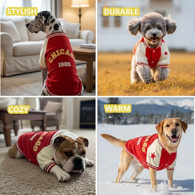 Medium Dog Heavyweight Fleece Varsity Jackets for Cold Days, Stylish Pet Coat for Boy and Girl Puppies, Winter Wear for Cats & Dogs, Male and Female Pet Baseball Uniform, Red Pup Outfits, M