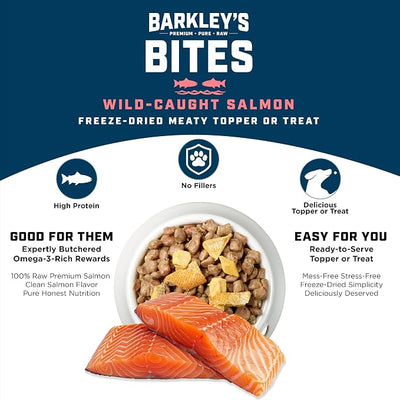 Barkley’s Bag Salmon Bites, Freeze Dried Dog Treats and Food Topper, Made with Wild-Caught Salmon, Bite-Sized Whole Pieces for Training Rewards, for All Dog Breeds, Ages & Sizes, 4 Oz Bag (1 Pack)