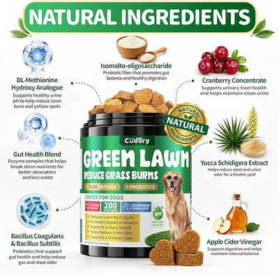 Dog Urine Neutralizer for Lawn - Green Grass Chews for Dogs, 200 Chew Female Pee Grass Burn Spot by Dog Urine, Gut Health Probiotics & Enzymes, Helps Yard Stay Green, with Cranberry for Urinary Tract