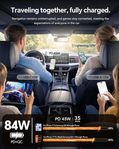 84W Retractable Car Charger,Car Phone Charger USB C Fast Charge for iPhone | EloBeth Car Charger,Cigarette Lighter USB Charger Car Accessories,Road Trip Essentials Gift for Men,for iPhone 17/16,Galaxy