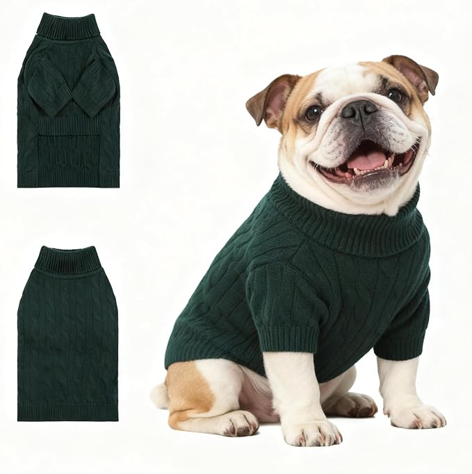 Small/Medium Dog Sweater, Warm Dog Winter Coat w/Sleeves, Comfortable High Neck Premium Dog Clothes for Bulldog-Best for Holidays, Daily Walks L Green