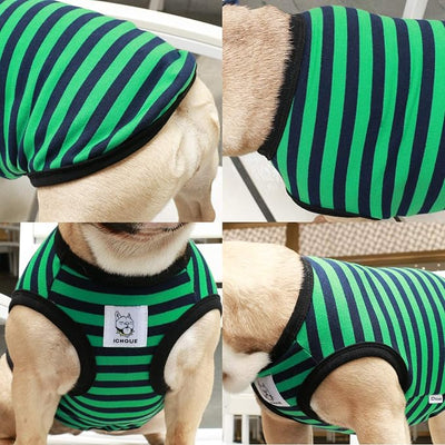 iChoue 2pcs French Bulldog Striped Shirts 100% Breathable Cotton Tank Tops Vests Clothes for Frenchie Dogs, Black and Green Stripes, Medium