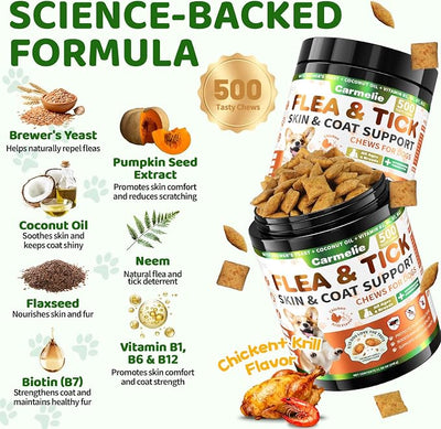 Flea and Tick Prevention for Dogs Chewables, 500ct Dog Flea and Tick Treatment with Multivitamins - Support Skin & Coat - Tasty Treats for All Breeds - Crunchy & Savory Chicken and Krill Flavor