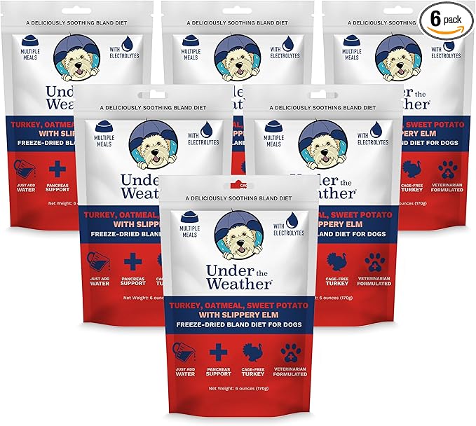 Under the Weather Bland Diet for Dogs | Easy to Digest Stomach Support for Sick Dogs | Contains Electrolytes, All Natural | 6 Pack - Turkey, Oatmeal, Sweet Potato & Slippery Elm - 6oz